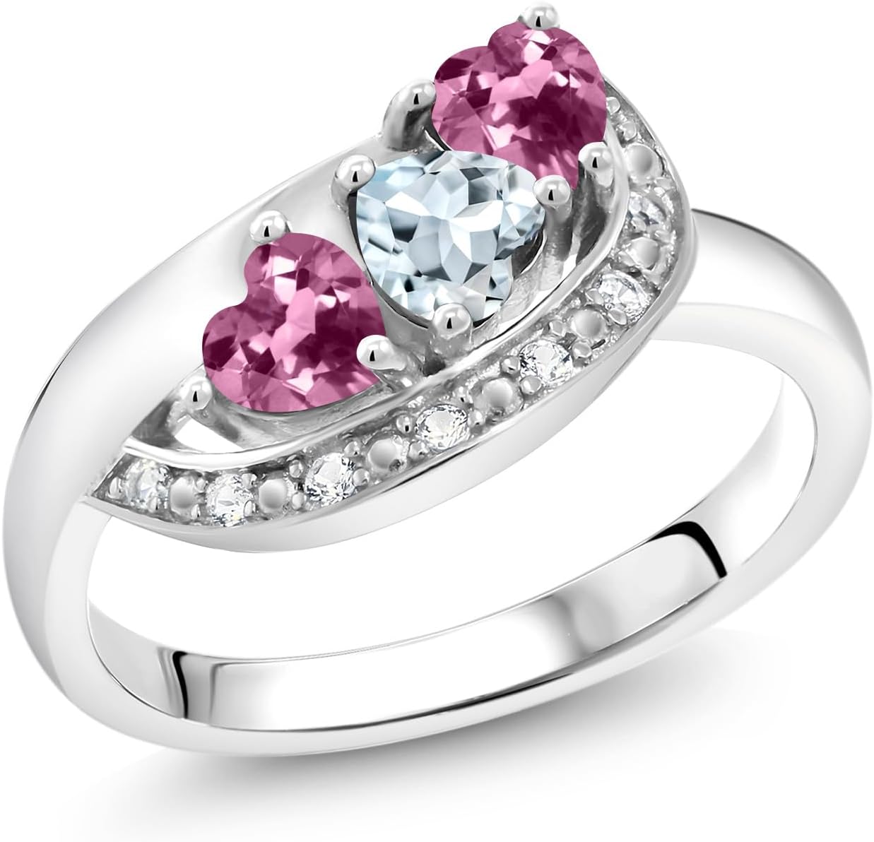 Gem Stone King 925 Sterling Silver Sky Blue Aquamarine and Pink Tourmaline and White Created Sapphire Engagement Ring For Women (0.74 Cttw, Gemstone March Birthstone, Heart Shape 4MM)