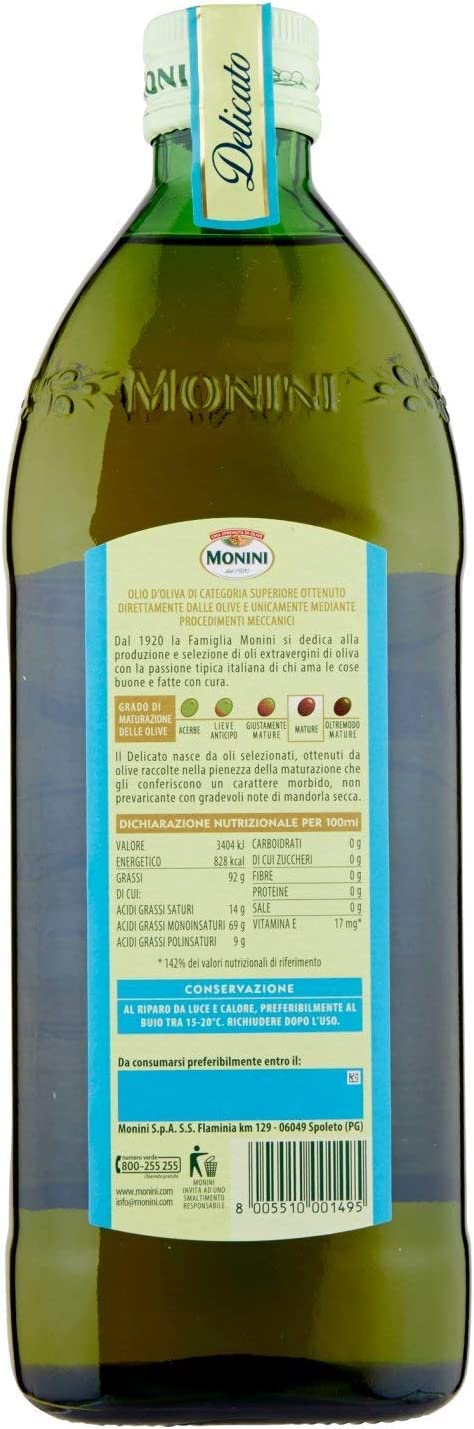 Monini Delicato Olio Extra Vergine di Oliva Lot de 6 huiles d'olive extra vierges 1 l