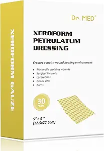  Xeroform Petrolatum Dressing Patch, 5"x9"-30 Pcs/Box, Non-Adherent Gauze Dressings, for Minor or Partial Thickness Burns, Lacerations, Skin Graft Recipient Sites, Newly Sutured Wounds