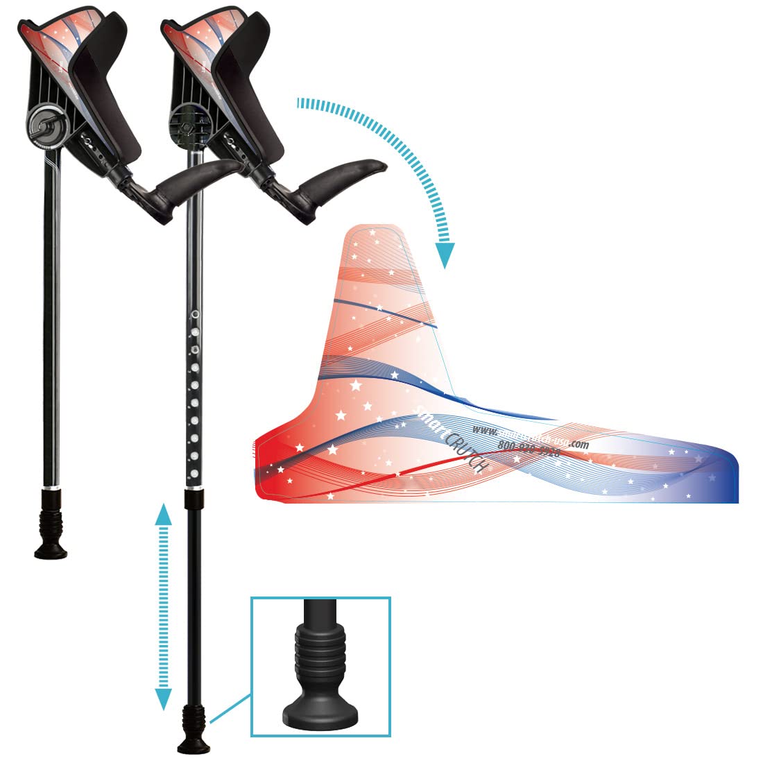 Ergonomic Custom Forearm Crutches for Adults, Multiple Colors, Adjustable Forearm Rotates 15-90 Degrees - Heights 4'4" to 6'4" - 265 lbs Non Weight Bearing