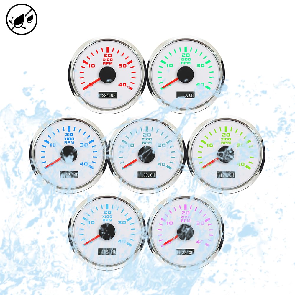 52mm Diesel Engine Tachometer REV Counter Hourmeter RPM Gauge with 7 Adjustable Backlights 12VDC 24V for Car Motorcycle Boat Yacht (White&Silver, 0-4000RPM)