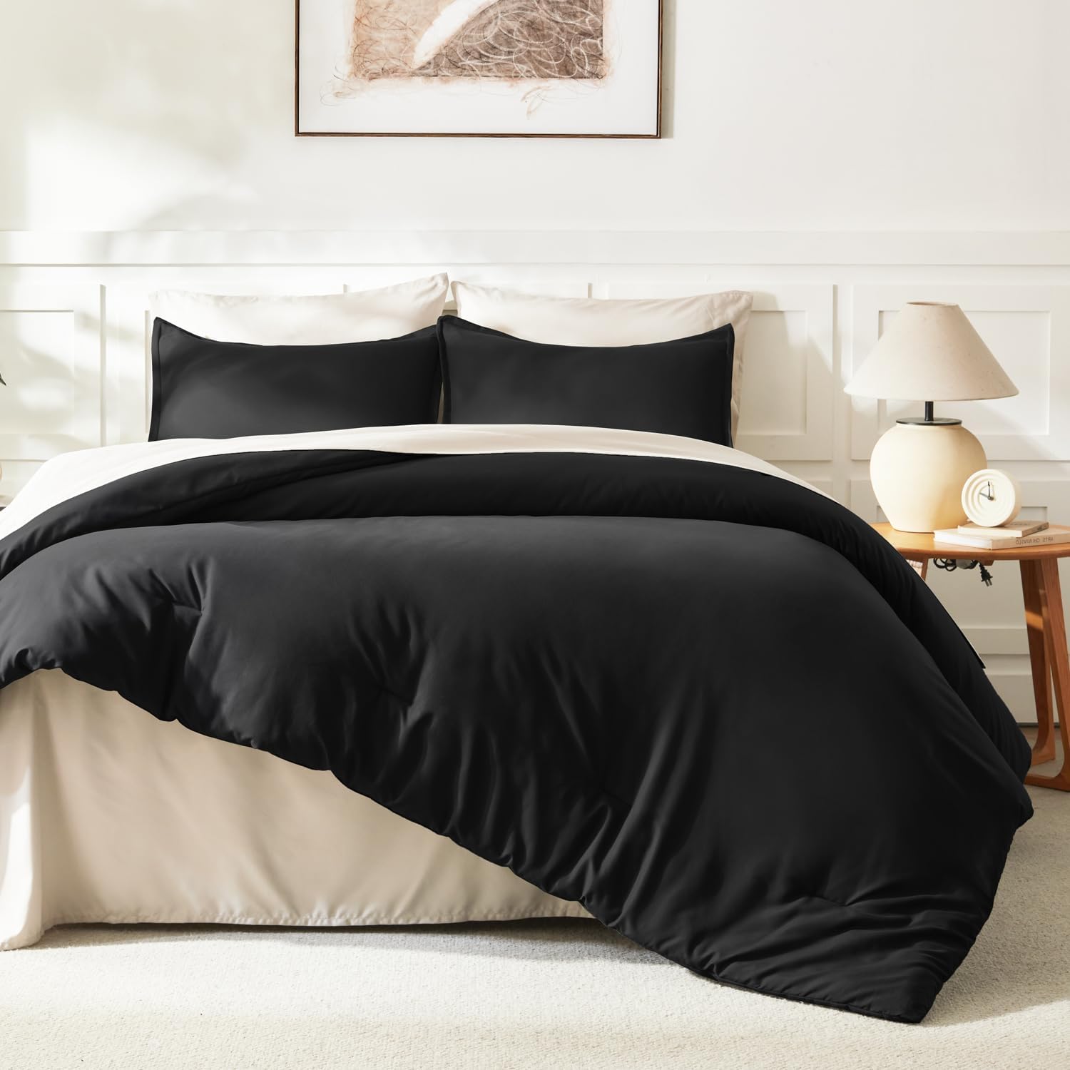 Litanika Black California King Comforter Set - 3 Pieces Cal King Lightweight Summer Soft Solid Bed Comforter, Oversized Fluffy Quilt Bedding Set (104x96In, 2 Pillowcases) - Image 6