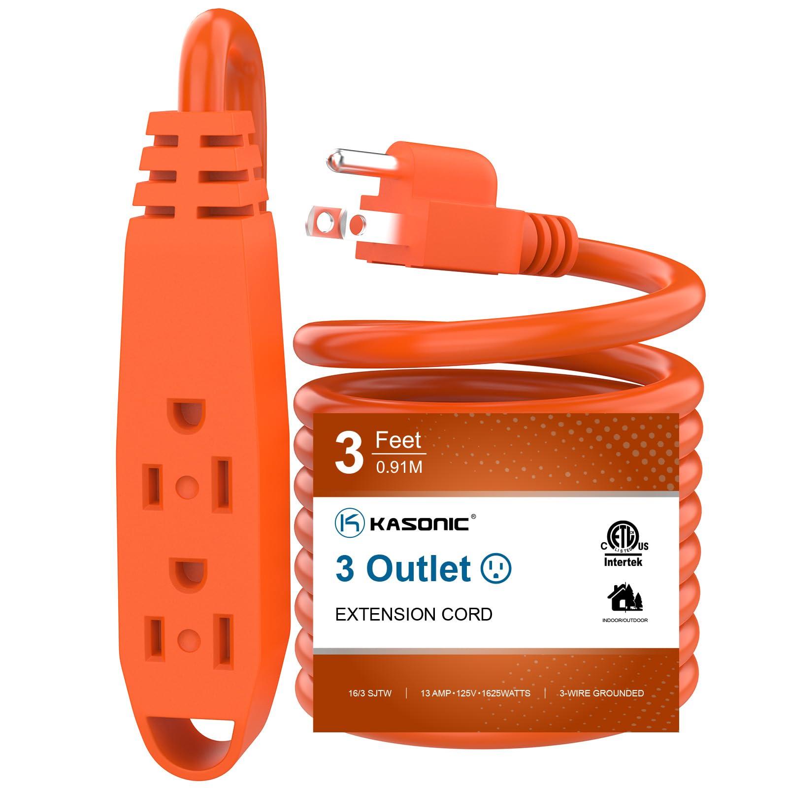3-Feet 3 Outlet Extension Cord, Kasonic UL Listed, 16/3 SJTW 3-Wire Grounded, 13 Amp 125 V 1625 Watts, Multi-Outlet Indoor/Outdoor Use, Orange