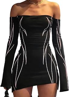 AYAZER Women Sexy Long Sleeve Bodycon Striped Mini Dress Off Shoulder Slash Neck Knitted Wrapped Short Sweater Dress