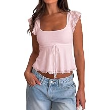 Women Y2k Lace Frill Tops Tie Front Peplum Babydoll Going Out Top Cute Summer Ruffle Coquette Tee Shirt