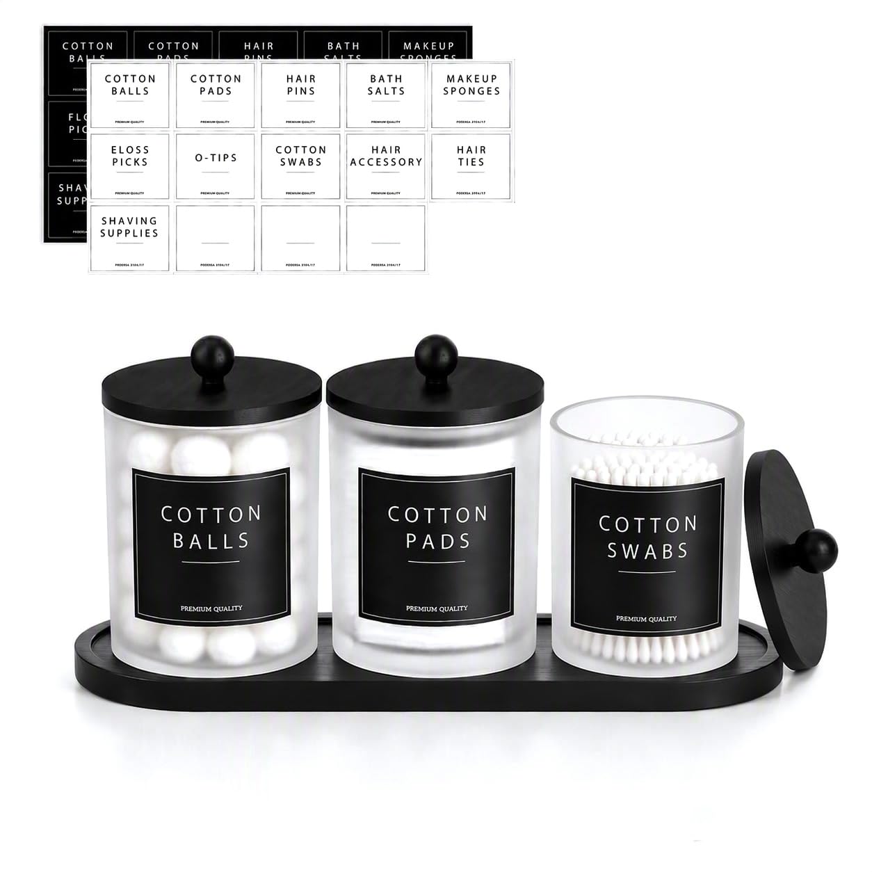TranRantic 3 Pack Glass Cotton Bud Holder with Lids, Cotton Pad Holder with Tray, Cottons Buds Dispenser with Labels, Bathroom Storage Jars for Cotton Ball, Floss, Hair Clips, Qtip(Matte Black)