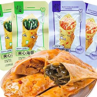 Kelp and mushroom dried tofu roll, healthy vegetable roll, spicy dried tofu, Chinese spicy latiao snack package, dried bean curd sticks, spicy gluten, vegetarian, side dishes mixed flacor,5 packs