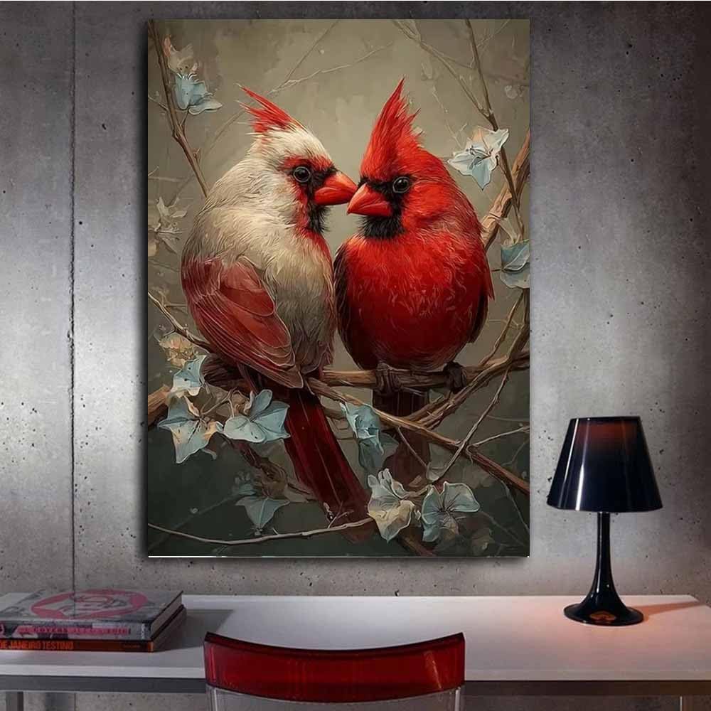 QUSAAOU Nowoczesny Animal Canvas Romantyczna para kardynałów na gałęzi, zwierzęta, portret, sztuka ścienna, do dekoracji, salonu, sypialni, łazienki, biura domowego (czerwony) - 70 x 100 cm, 1