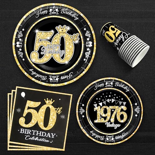 Image of 50th Birthday Decorations Black and Gold, Service for 30, Vintage 50th Birthday Party Supplies Includes Black Vintage 1976 Plates, Napkins, Cups 50th Birthday Plates and Napkins for Men Women
