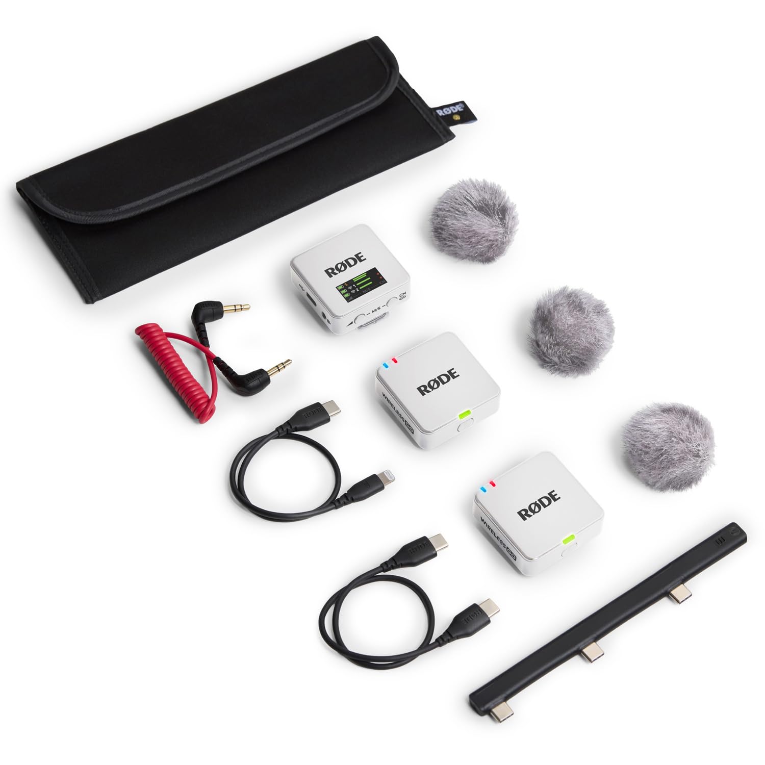RØDE Wireless GO Gen 3 Bezzawodowy system mikrofonowy 2-kanałowy biały z adapterem ręcznym Interview GO biały i osłoną przeciwwietrzną keepdrum z futra