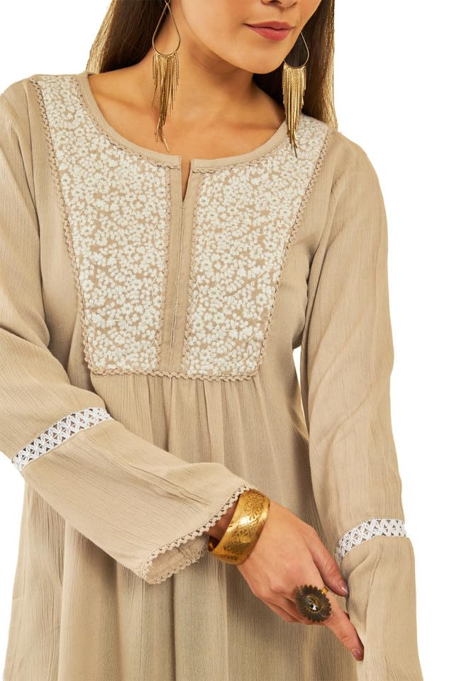 Soch Womens Beige Crepe Yoke Design Embroidery Tunic with Lace 3