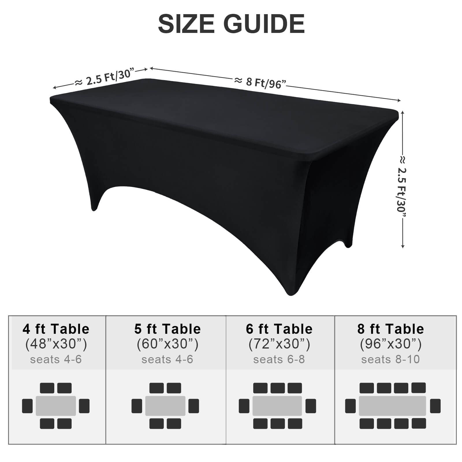 OutdoorLines 2 manteles de elastano negro para mesa rectangular de 8 pies, mantel elástico ajustable para cama de masaje, fundas elásticas sin arrugas para mesa de patio para fiestas, bodas y