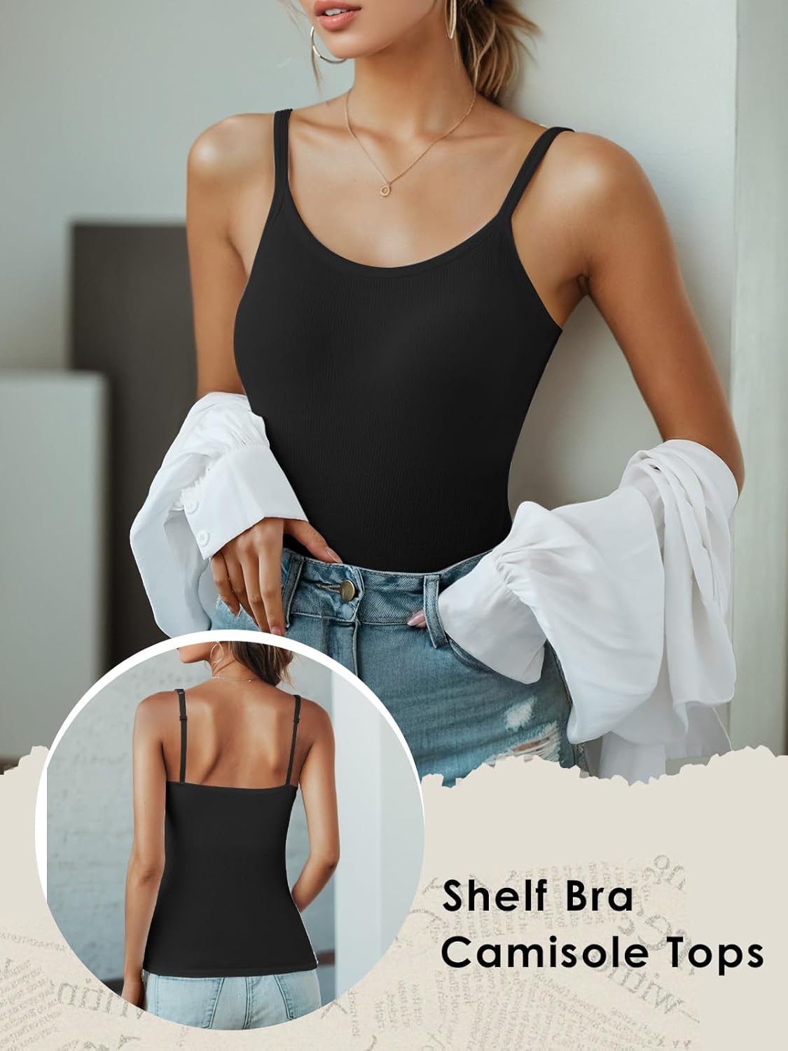 Ninee Womens Tank Tops with Built in Bra Summer Adjustable Spaghetti Straps Camisole Ribbed Cami Tanks - Image 3