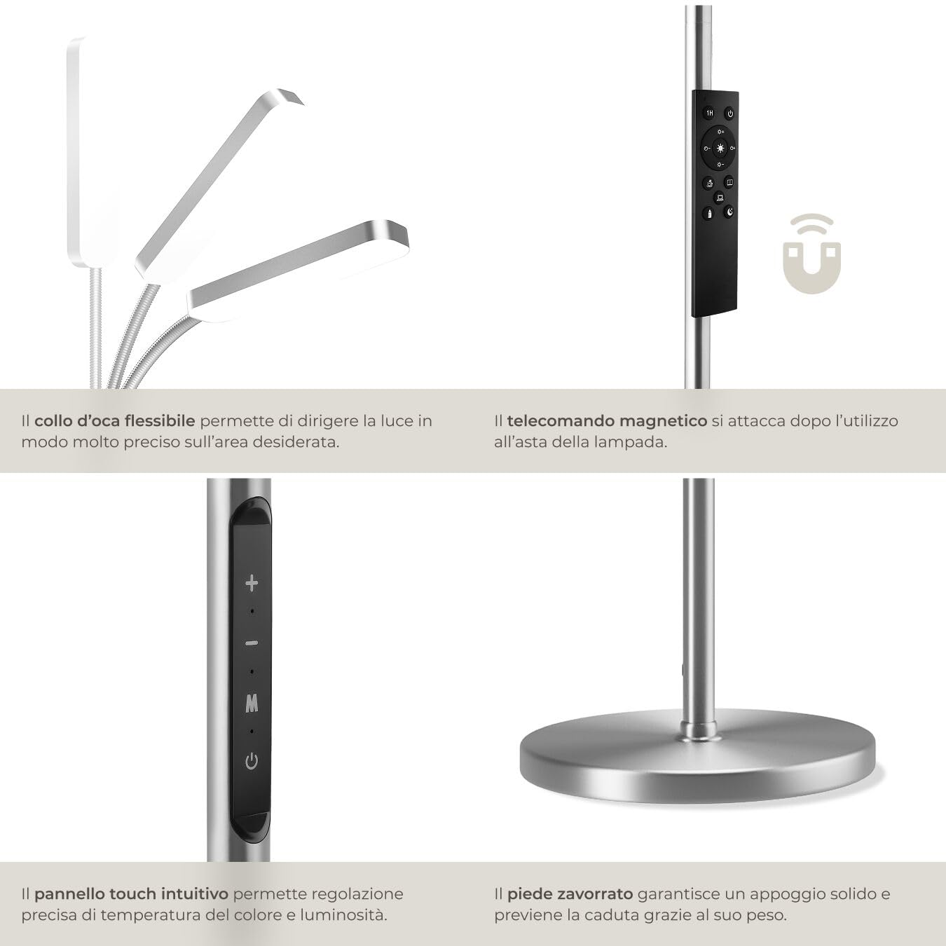 tectake® Lampada da Terra LED 12W, Piantana LED con Luce da Lettura Integrata, Arco Flessibile, Dimmerabile, Temperatura Colore Regolabile, Pannello Touch, Telecomando Magnetico - Argento