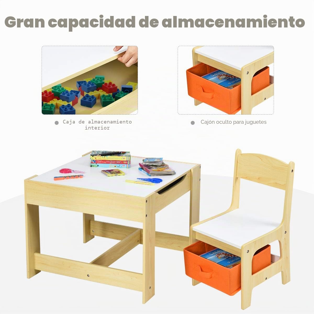 GIANTEX Juego de Mesa y 2 Sillas para Niños, Sillas con Cajones de Tela, Escritorio Infantil de Madera con Espacio de Almacenamiento, Tablero Reversible con Pizarra, Grupo de Asientos para Niños