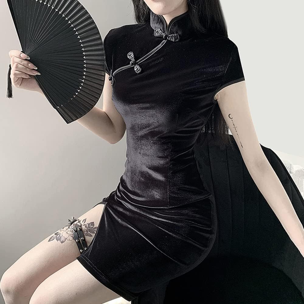 Cheongsam moderne chinoise à manches courtes coupe ajustée fente latérale robe de rendez-vous robe de soirée costume d'Halloween femmes moulant col mandarin mini robe