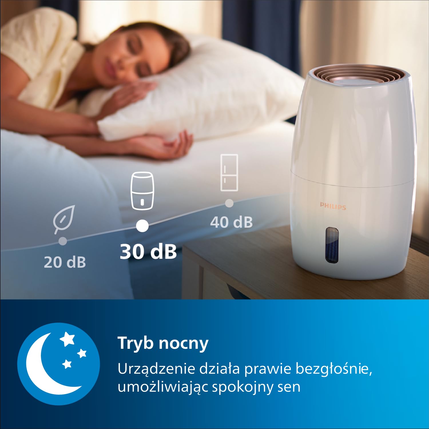Philips Nawilżacz powietrza Serii 2000, Higieniczne nawilżanie NanoCloud, 99,97% mniej bakterii, 200 ml/h, Zbiornik 2L, Ultra cichy (33 dB), 3 prędkości, Tryby Auto i Nocny, Timer, Biały (HU2716/10)
