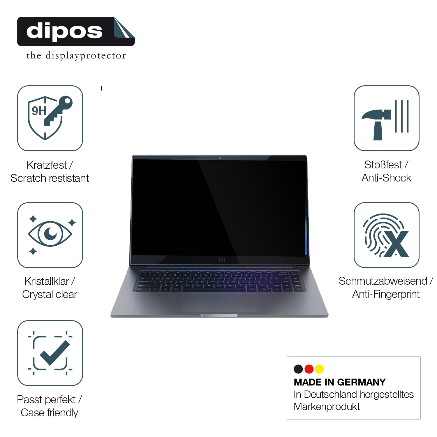 dipos 2x Pellicola Protettiva 9H per Xiaomi Mi Notebook 15.6 Zoll | Non si rompe e non si scheggia, non è vero vetro, Anti-Shock, si adatta perfettamente, antigraffio, senza bolle, autoadesiva