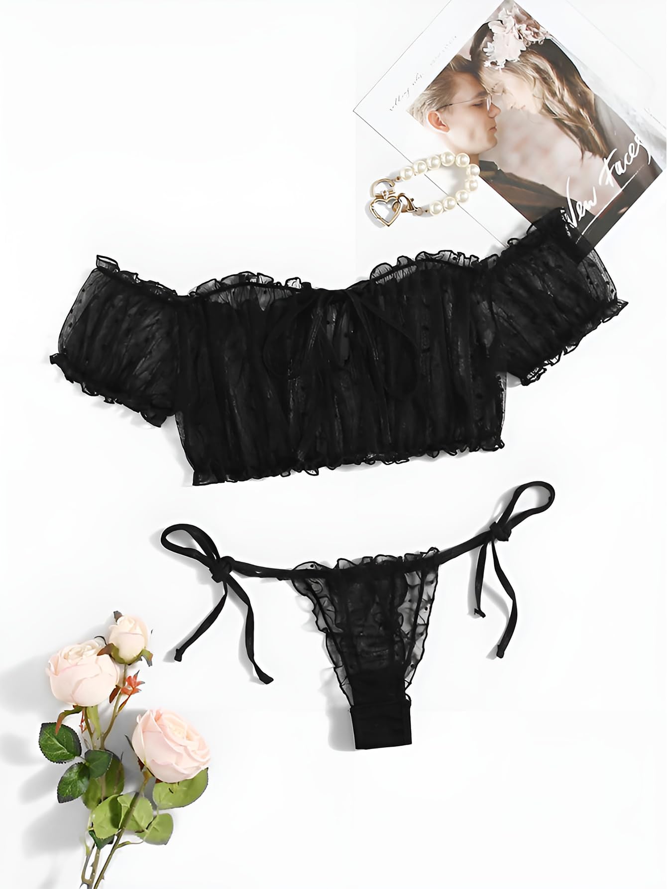 Lilosy Sexy Stretch Ruffle Tie Sheer Mesh Lingerie Set Outfits