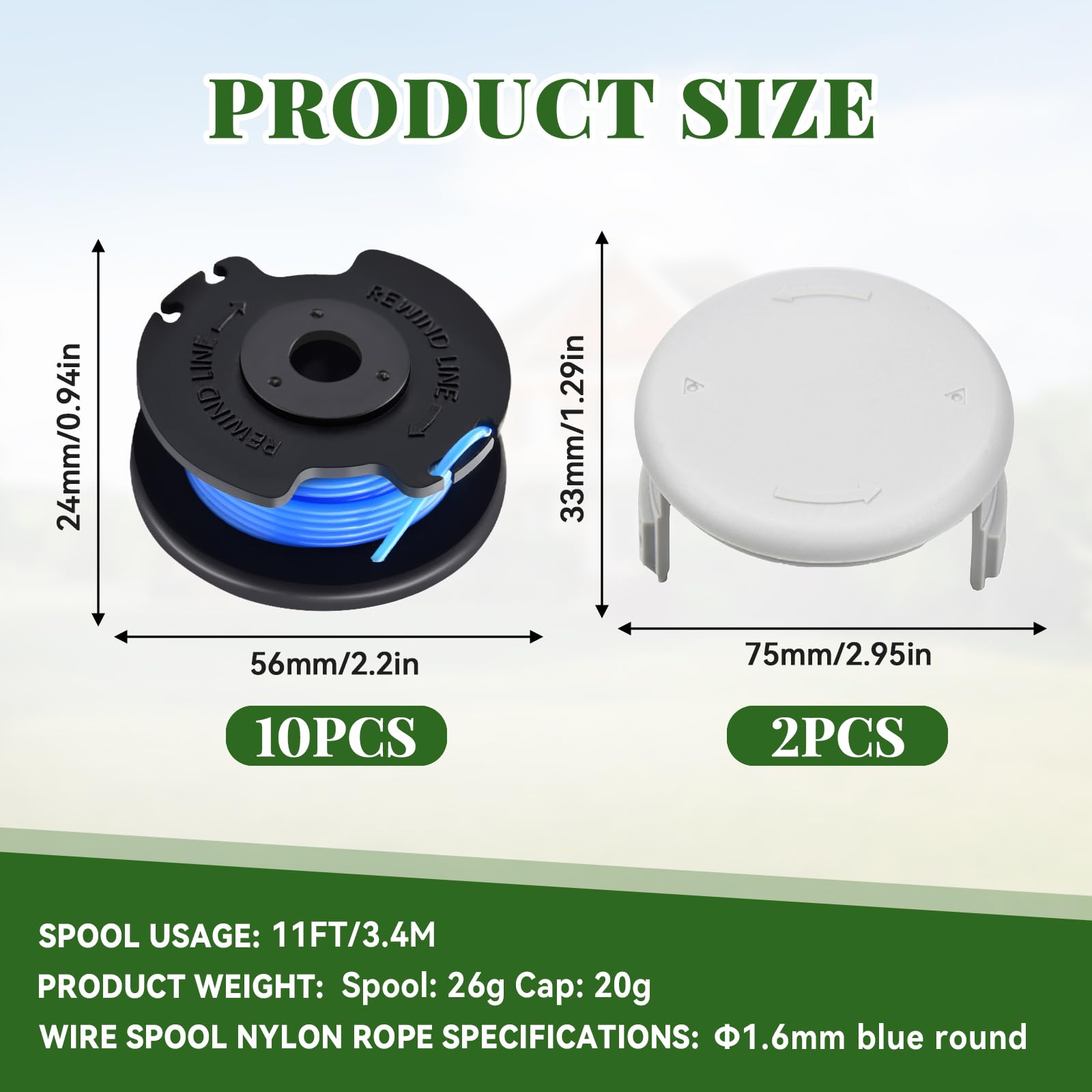 10 sztuk szpul żyłki do Ryobi, zapasowa szpula do trymera do trymera Ryobi One+RAC124 AC14RL3A OLT1823 OLT1832 18 V 24 V 40 V podkaszarka do trawy, 10 szpulek z 2 nasadkami (3,4 m, średnica 1,65 mm)