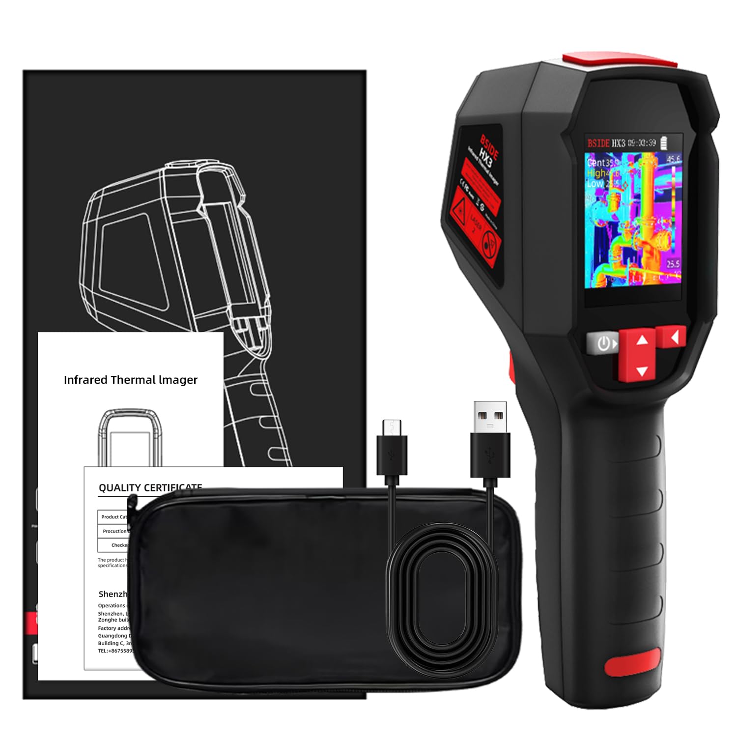 BSIDE Termocamera 240×240 Risoluzione 15 tavolozze di colori Termocamera a infrarossi -4°F a 1022°F 25Hz Imager termico portatile ricaricabile con puntatore laser 50°FOV per ispezione domestica HVAC