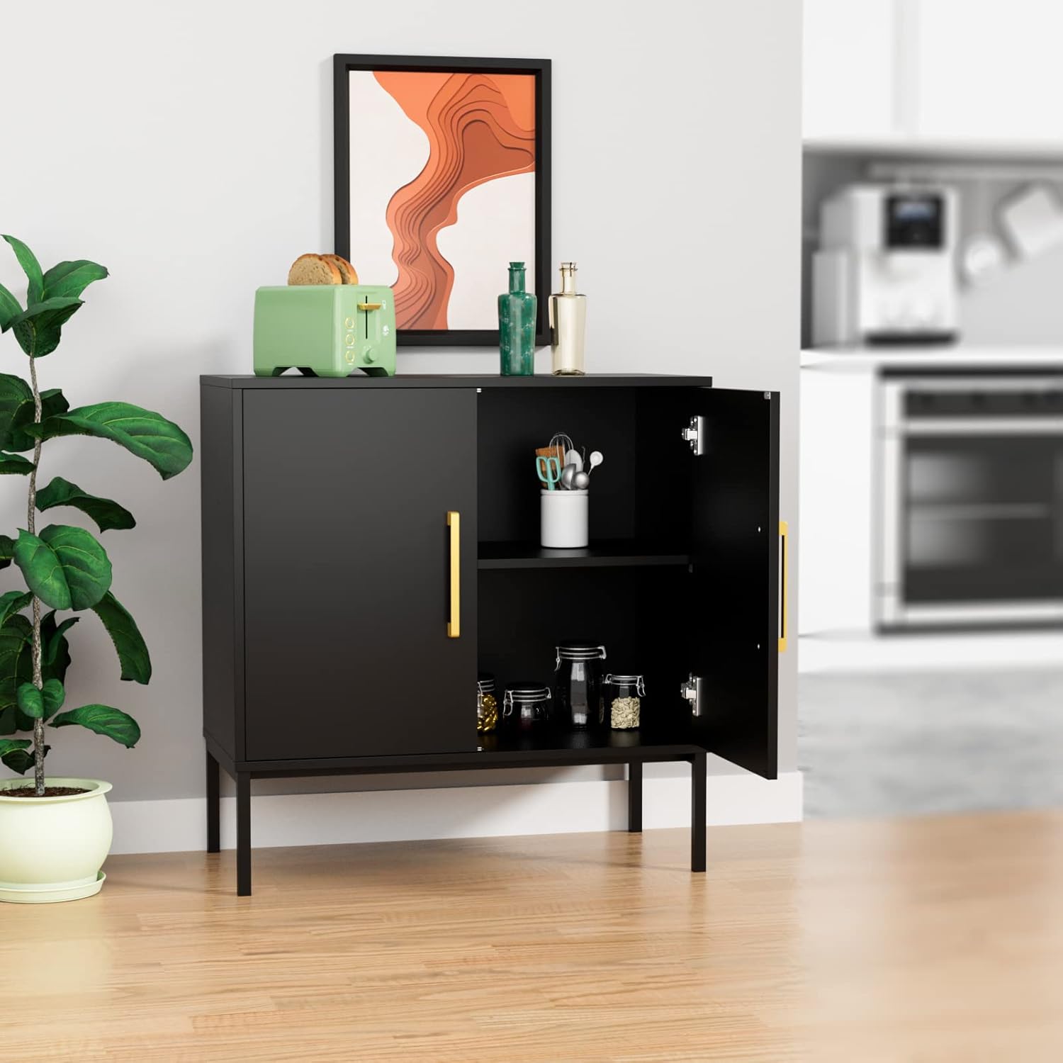 CARPETNAL Set of 2 Accent Storage Cabinet with Doors and Adjustable Shelf, Freestanding Buffet Cabinet, Modern Sideboard Buffet Cabinet for Living Room, Dining Room, Kitchen, Hallway (Black)