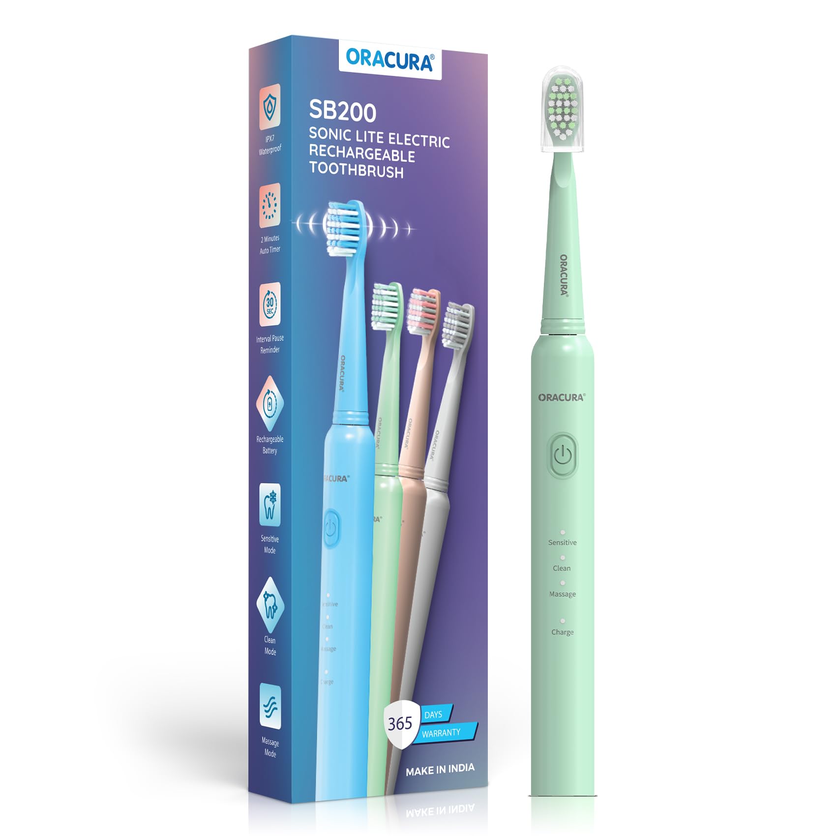 ORACURA SB200 Green Electric Toothbrush for Men & Women, 1 Year Warranty, 36,000 strokes/min, 3 Modes, IPX7 Waterproof, 25 Days Charging Time Cycle, 2 Mins Auto-Timer