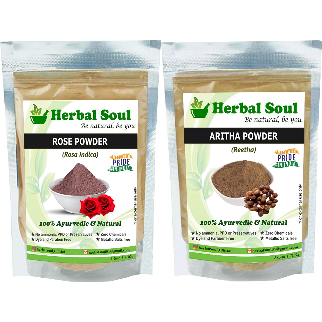 Herbal Soul Combo of Reetha | Aritha | Soapnut Powder (100g) + Rose Petal Powder (100g) for Hair & Face Packs, 200g