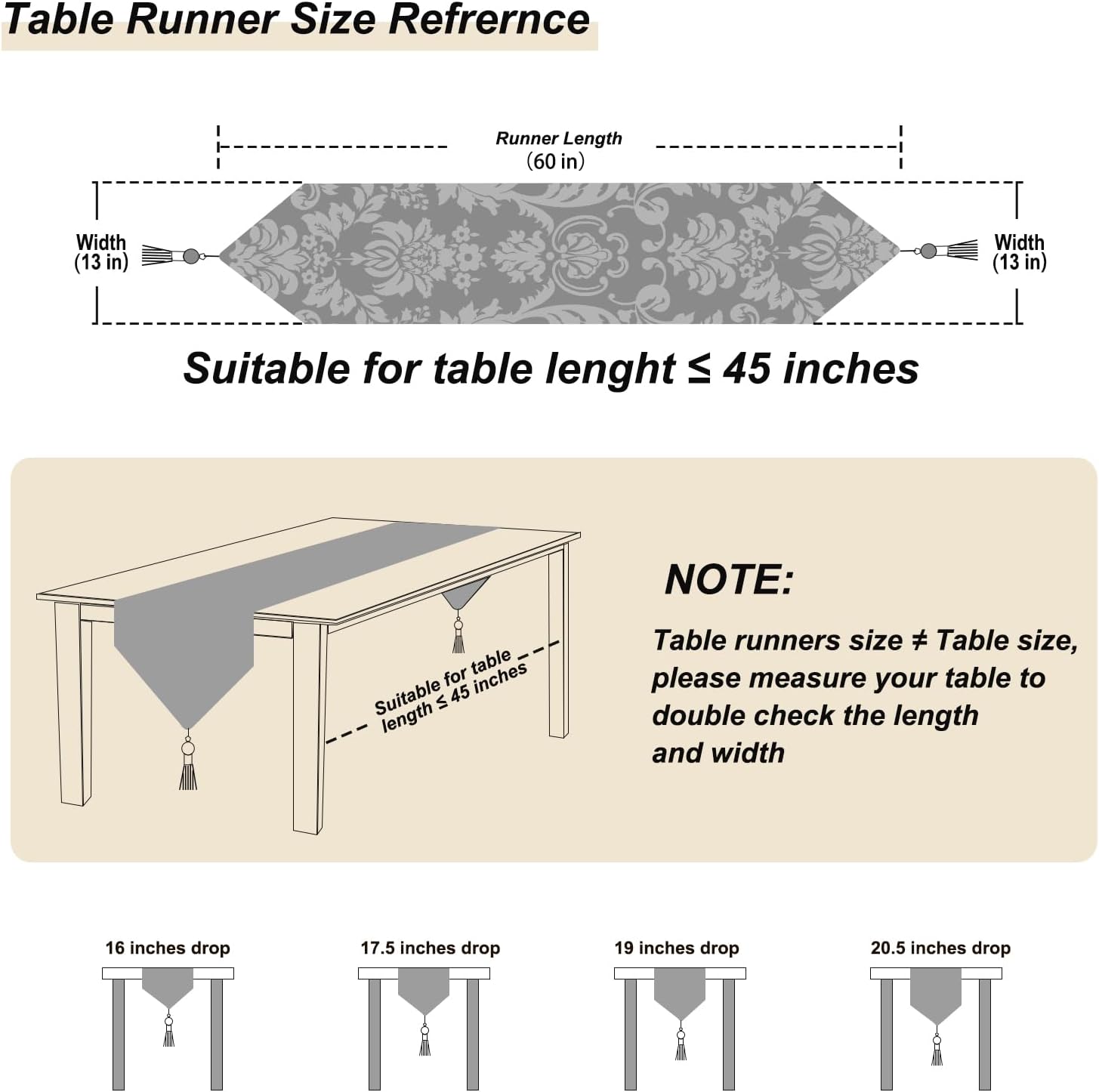 HeMiaor Chenille Jacquard Thick Table Runner Delicate Tassel for Meeting Decor and Dining Table Retro Embroidery Pattern for Christmas Festive Wedding Decoration Beige 60 inches Long