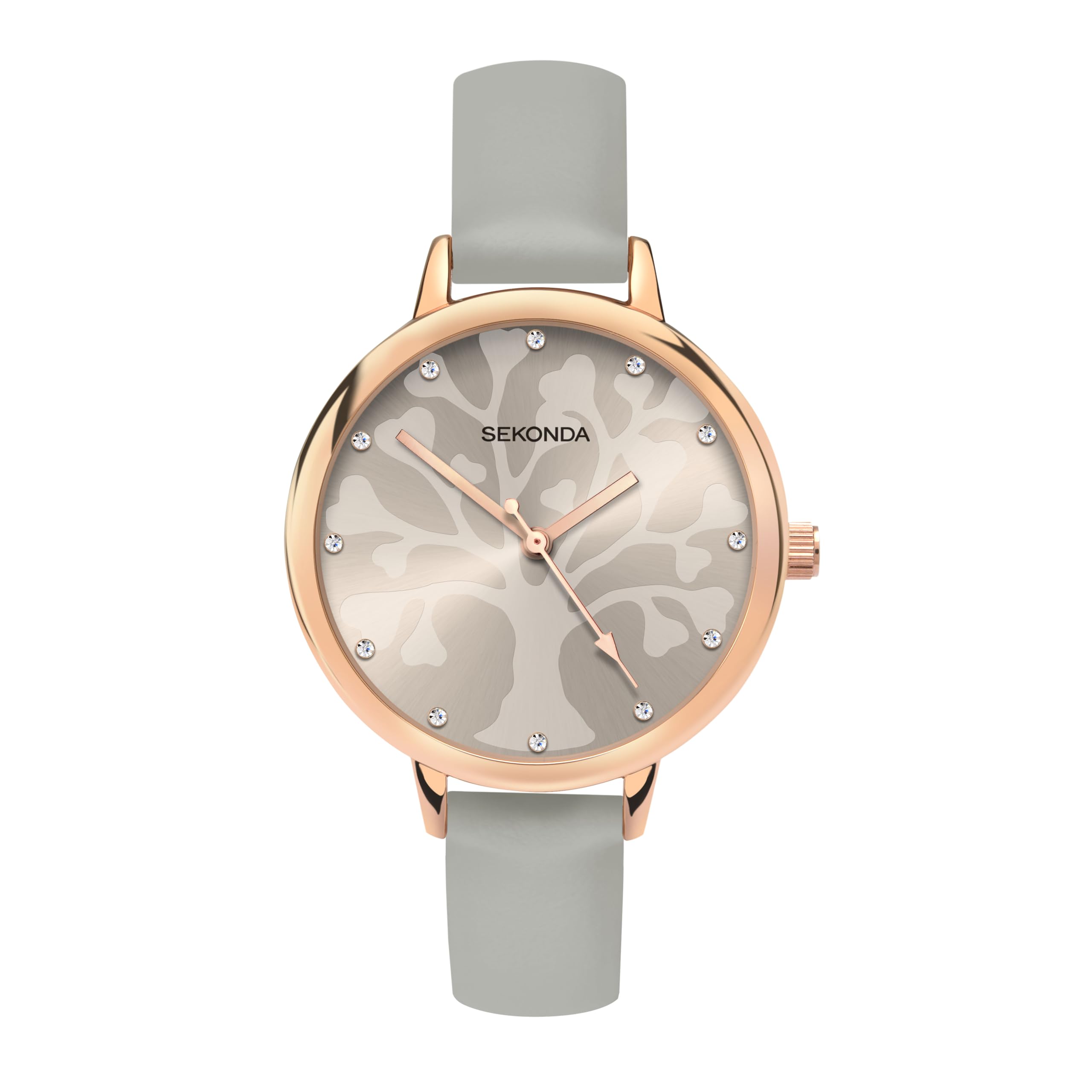 SekondaWomens 35mm Analogue Classic Quartz Watch with Rose Gold Case Tree Patterned Dial with Stone Set Markers and Grey PU Strap