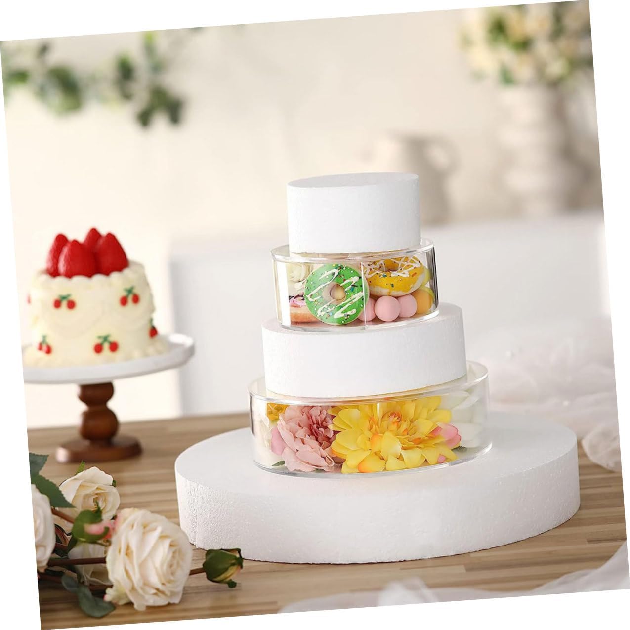 NUOBESTY 2Pcs Transparent Round Acrylic Cake Stand Fillable Display Holder for Cupcakes Desserts Snacks Lightweight Food Display Rack for Weddings Birthdays Tea Parties Banquets