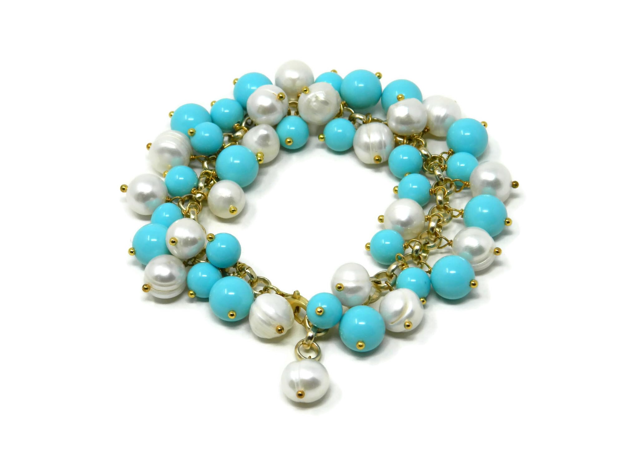 DodiGioielli Bracciale Charms Donna con Palline in Pasta di Turchese e Perle di Fiume Bianche – Lunghezza 21 cm – Catena Dorata e Chiusura in Argento 925 Placcato Oro – Made in Italy – Nichel Free