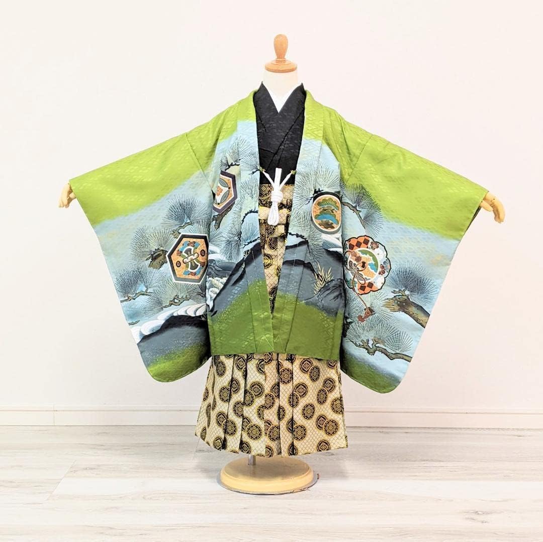 七五三 5歳 男の子 男児 着物 羽織 袴 セット 緑 鷹 A8-1 着物男子