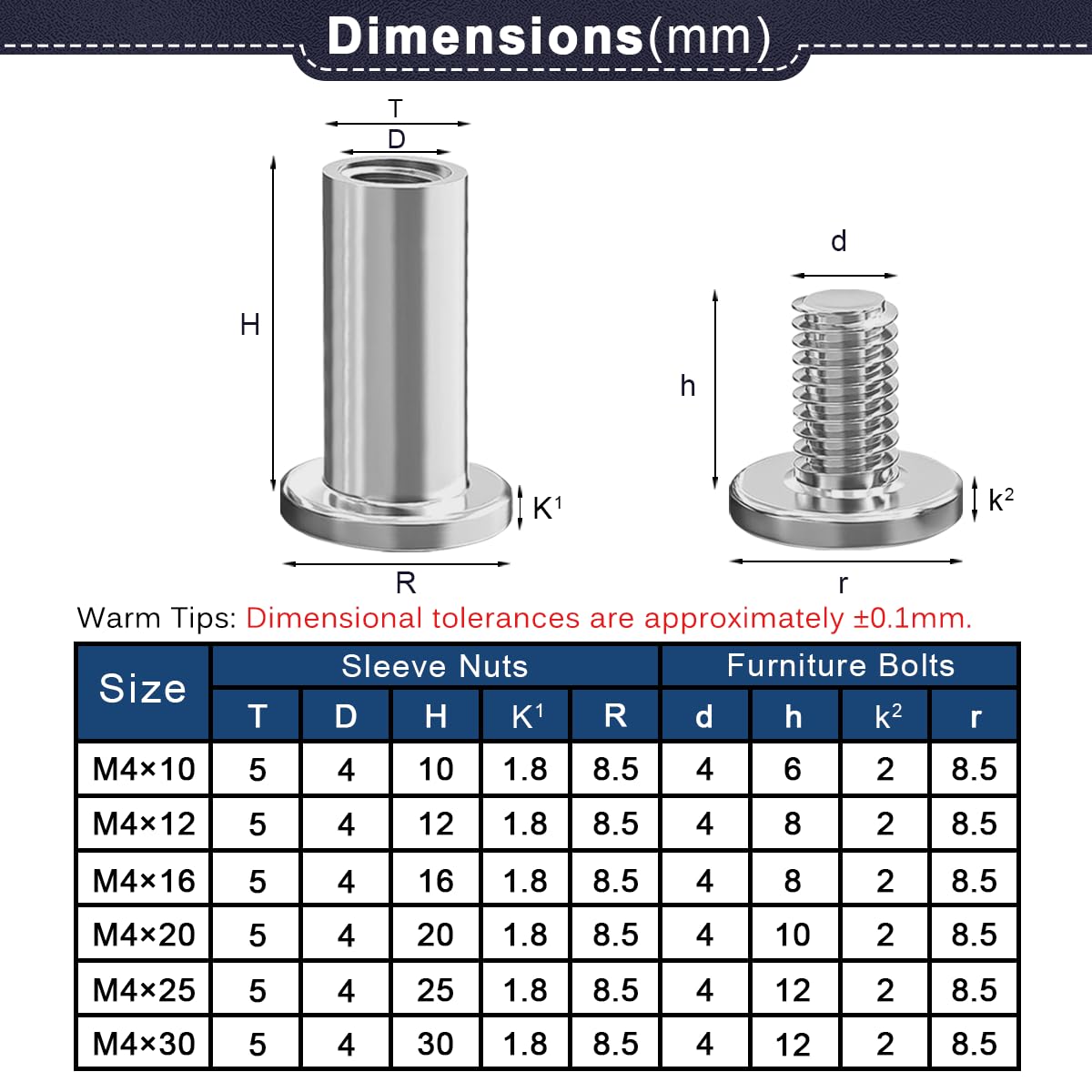 Drenky Viti Di Collegamento M4 In Acciaio Inox A2 V2A Dado A Manicotto M4x20mm Per Mobili, Armadi, Tavole Di Legno, 10 Pezzi