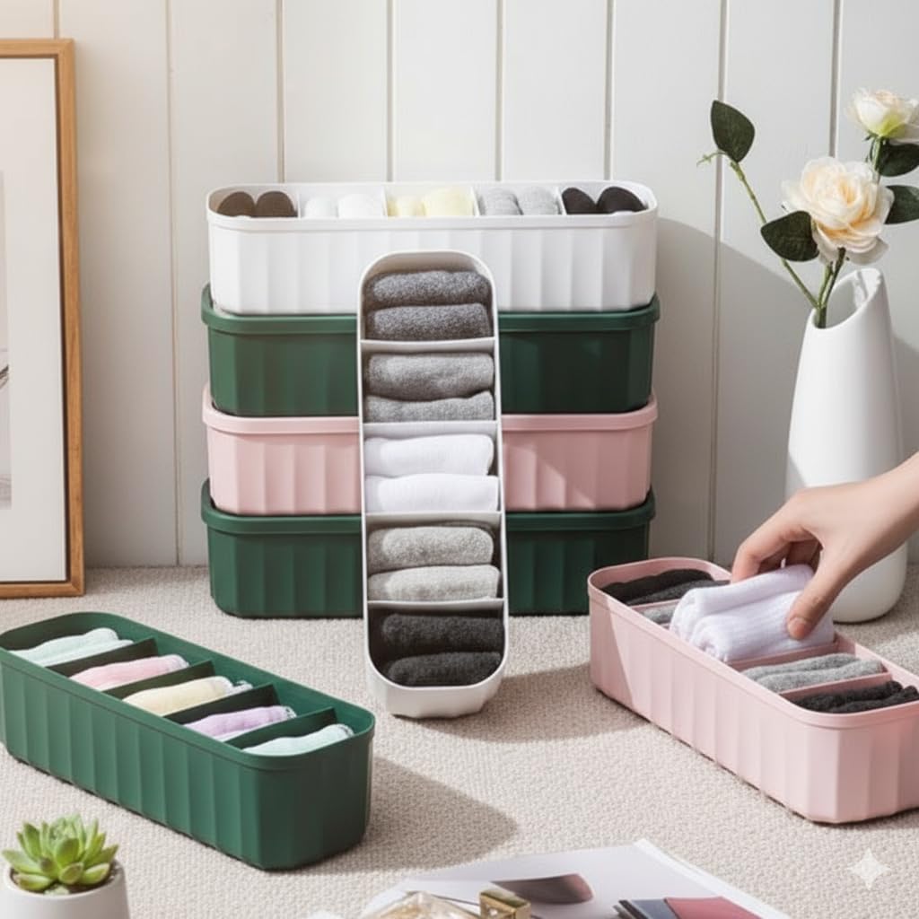 Leawall Plastic drawers organisers Closet Storage Dividers for Underwear, Socks, Bras, Ties, Undergarments, Scarves Socks Tray storage box and organiser storage box wardrobe organiser 5 Grid(4 Pcs)-image-44