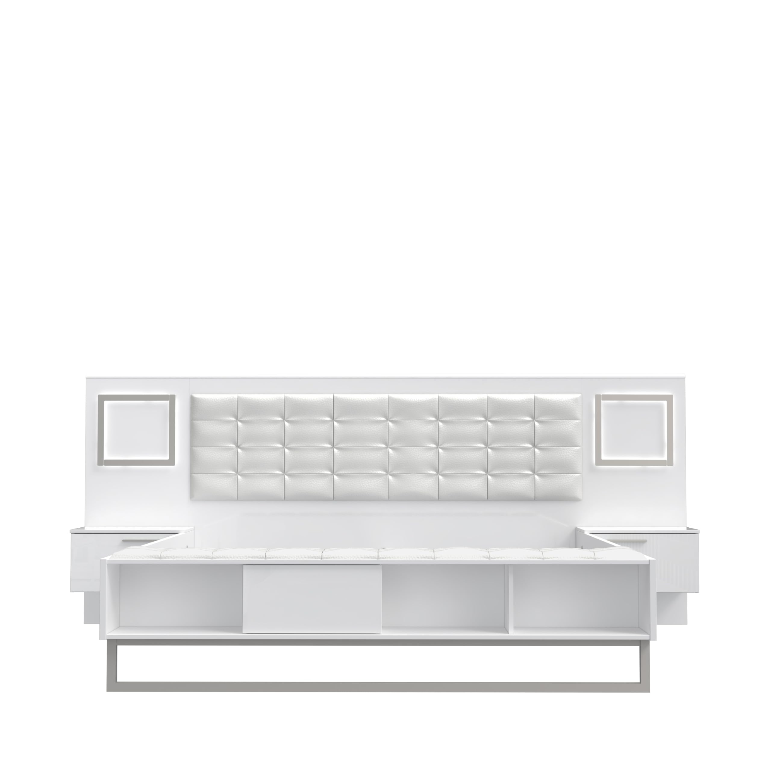 Forte Sirius Crown Bett 280 290, modernes Bett + 2 Nachtkommoden mit 2 Schubladen, weißes Bettgestell, Holzwerkstoff, Weiß/Weiß Hochglanz, 287 cm breit x 119,7 cm hoch x 234,7 cm tief