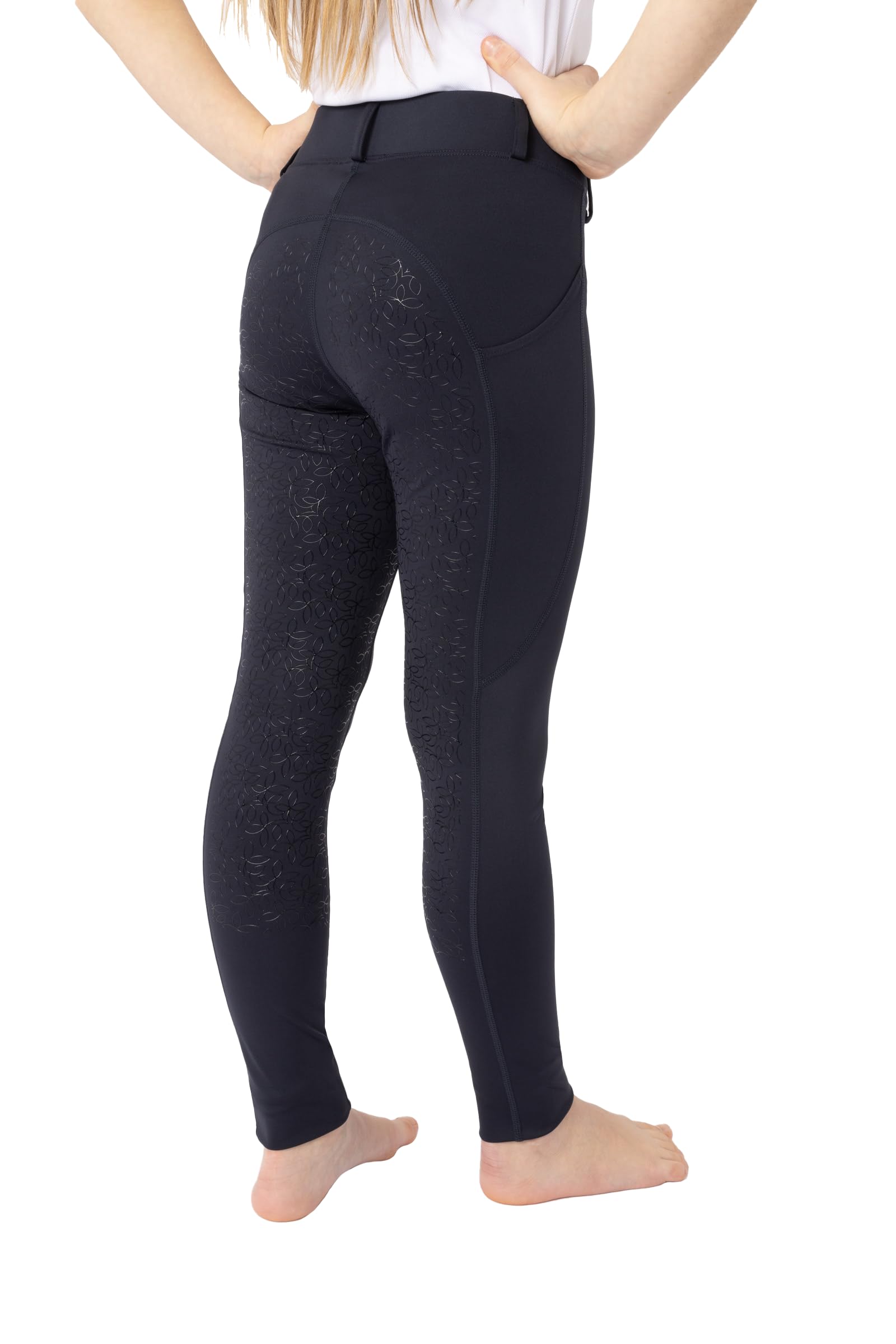 HORZE Kinder Reitleggings DEA, Reithose Mädchen, Gürtelschlaufen, Vollbesatz, Handytasche, Blau, 134/140