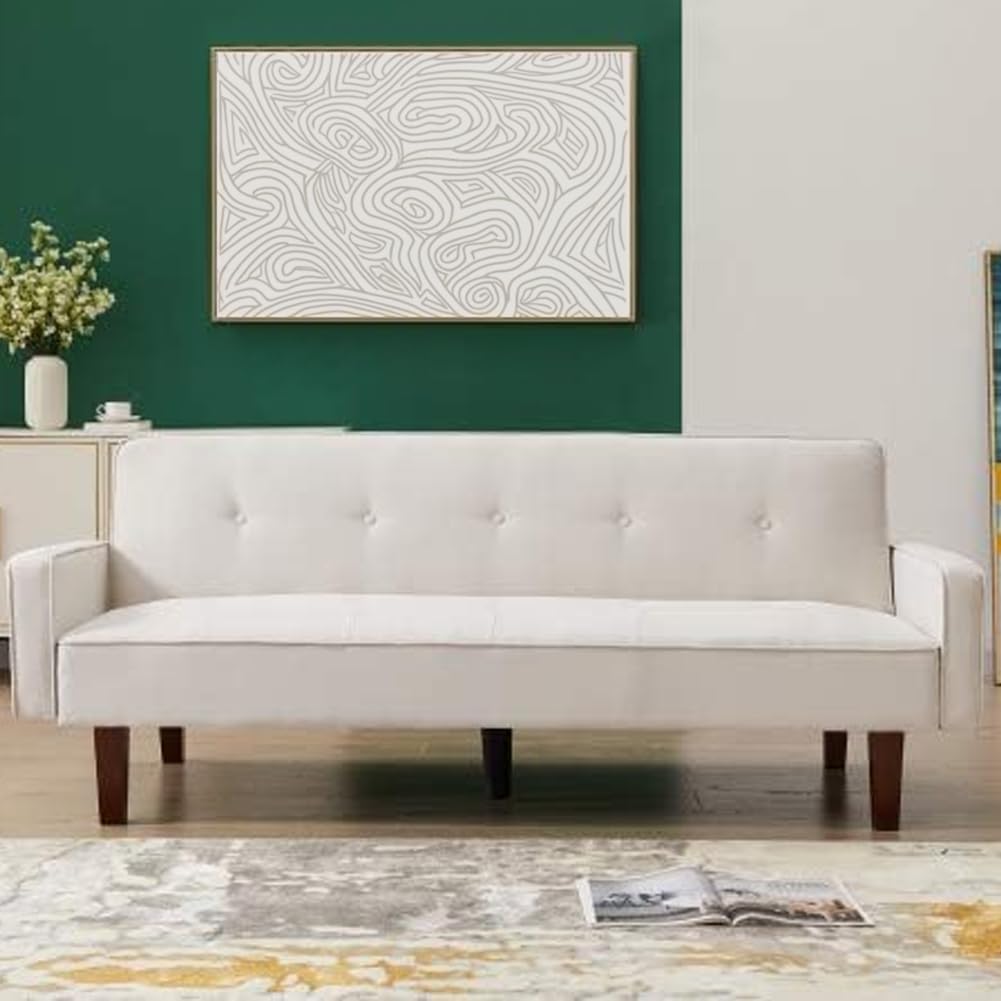 Shally Dogan Divano Letto 3 Posti con Apertura Veloce Sistema Clic Clac, Design Nordico, Divanetto Rivestimento in Lino Premium, Seduta Ampia e Imbottita ad Alta Densità e Piedini in Legno (Bianco)