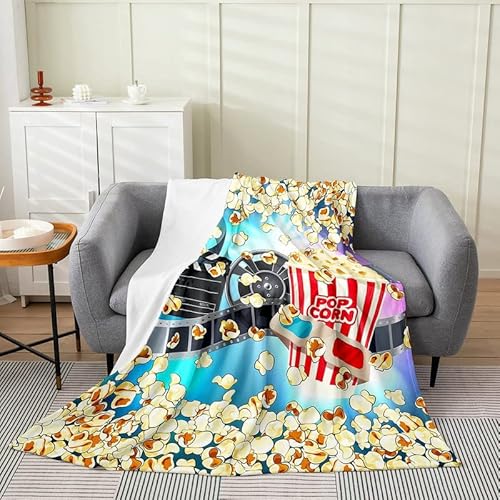 Popcorn Flannel Fleece Throw Blanket Kids,Theatre Movie Theater Fuzzy Blanket for Bed Sofa Couch,Cinema Poster Blue Bed Blanket Breathable Plush Blanket Room Decor 40"x50"