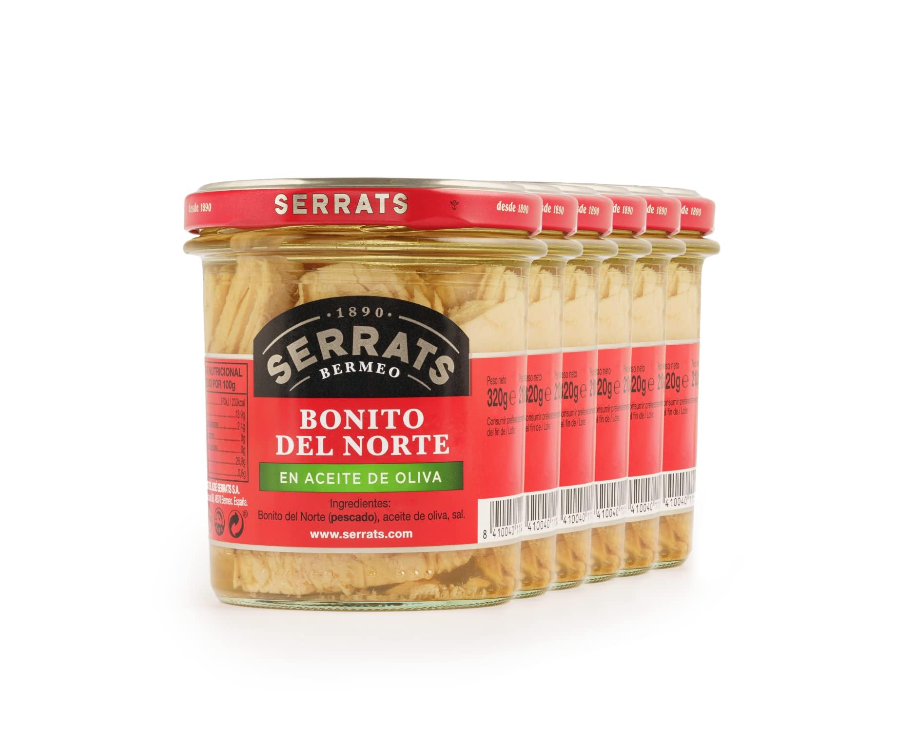 CONSERVAS SERRATS - Thon Germon de Cantabrique à l'Huile d'Olive - 6 Bocaux x 320g (Total : 1920g) - Fabrication Artisanale depuis 1890 - Sans Gluten - Riche en Oméga 3 – Premium