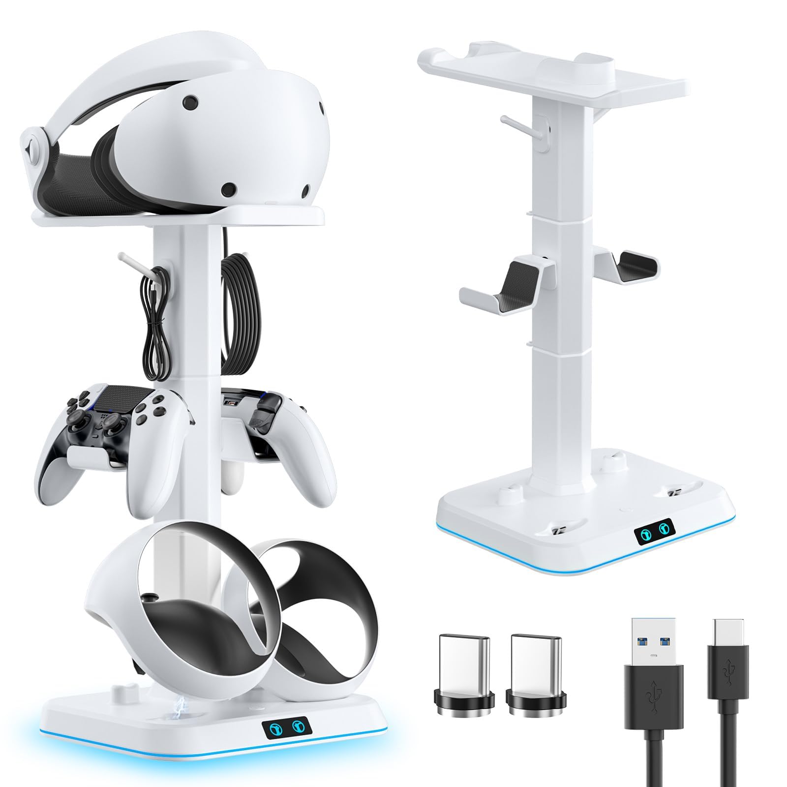 Kosker Base di Ricarica PSVR2, 9 Modalità RGB Supporto per Occhiali VR2 con Caricatore PS VR2 Magnetico, Supporto di Carica PSVR2 con Supporto per Controller e Cavi, Accessori PlayStation VR2