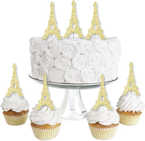 Big Dot of Happiness Torre Eiffel dorada con purpurina – Decoración para cupcakes de postre sin ensuciar – Selecciones transparentes para baby