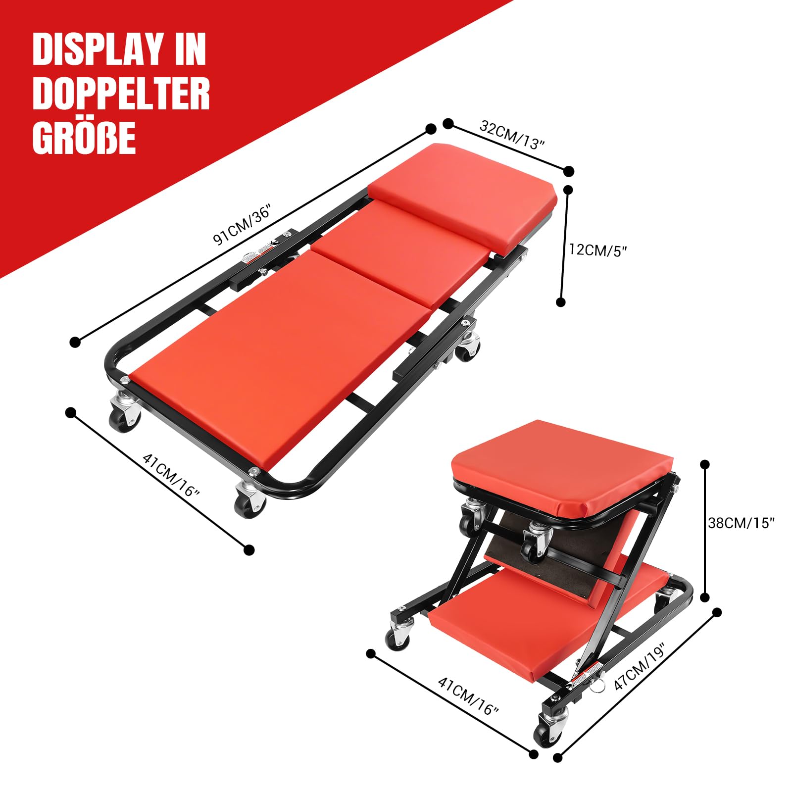 Lucn Taburete acolchado para herramientas mecánico, 6 ruedas, para taller, taller, coche