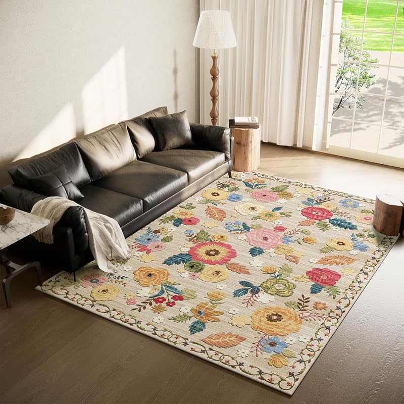 9x12 Area Rug Washable Rugs: Large Living Room Rug Stain Resistant Non Slip Distressed Vintage Floral Rug Low Pile Faux Wool Soft Rugs for Bedroom Bedside Farmhouse Dining Room Kids Playroom Nursery