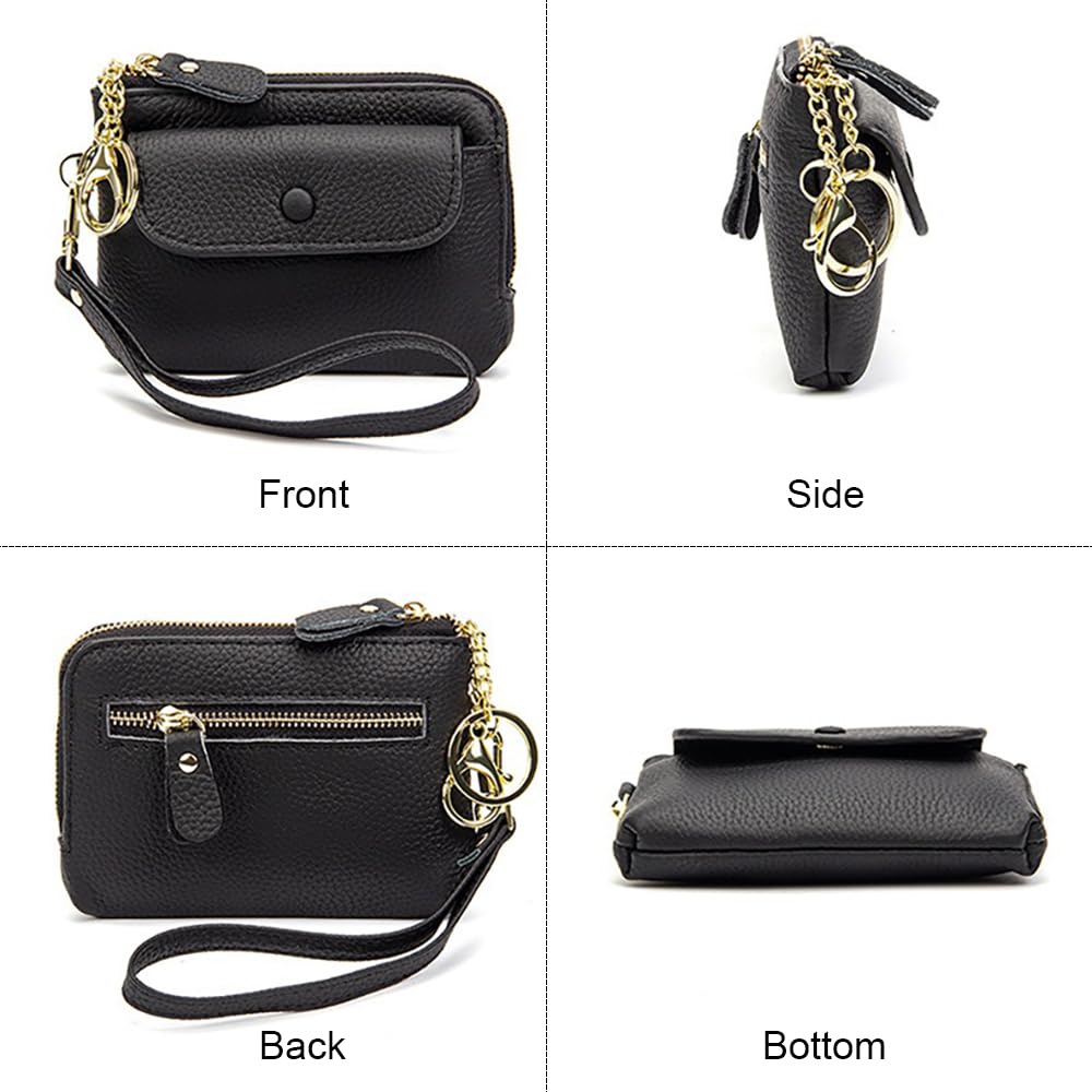 mpeak filters Women's Genuine Leather Coin Purse with Wrist Strap – 3 Credit Card Slots & Secure Coin Pockets (Black)