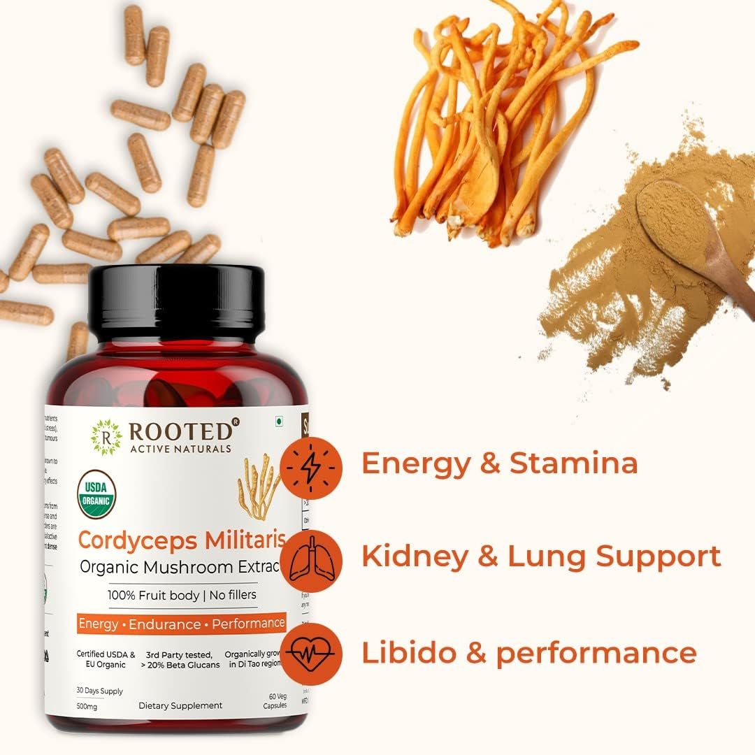 Rooted Active Naturals Organic Cordyceps Militaris Mushroom Extract Capsules, 500mg, 60 Count, Energy, Endurance, Performance (Pack of 2) - Image 7 thumbnail