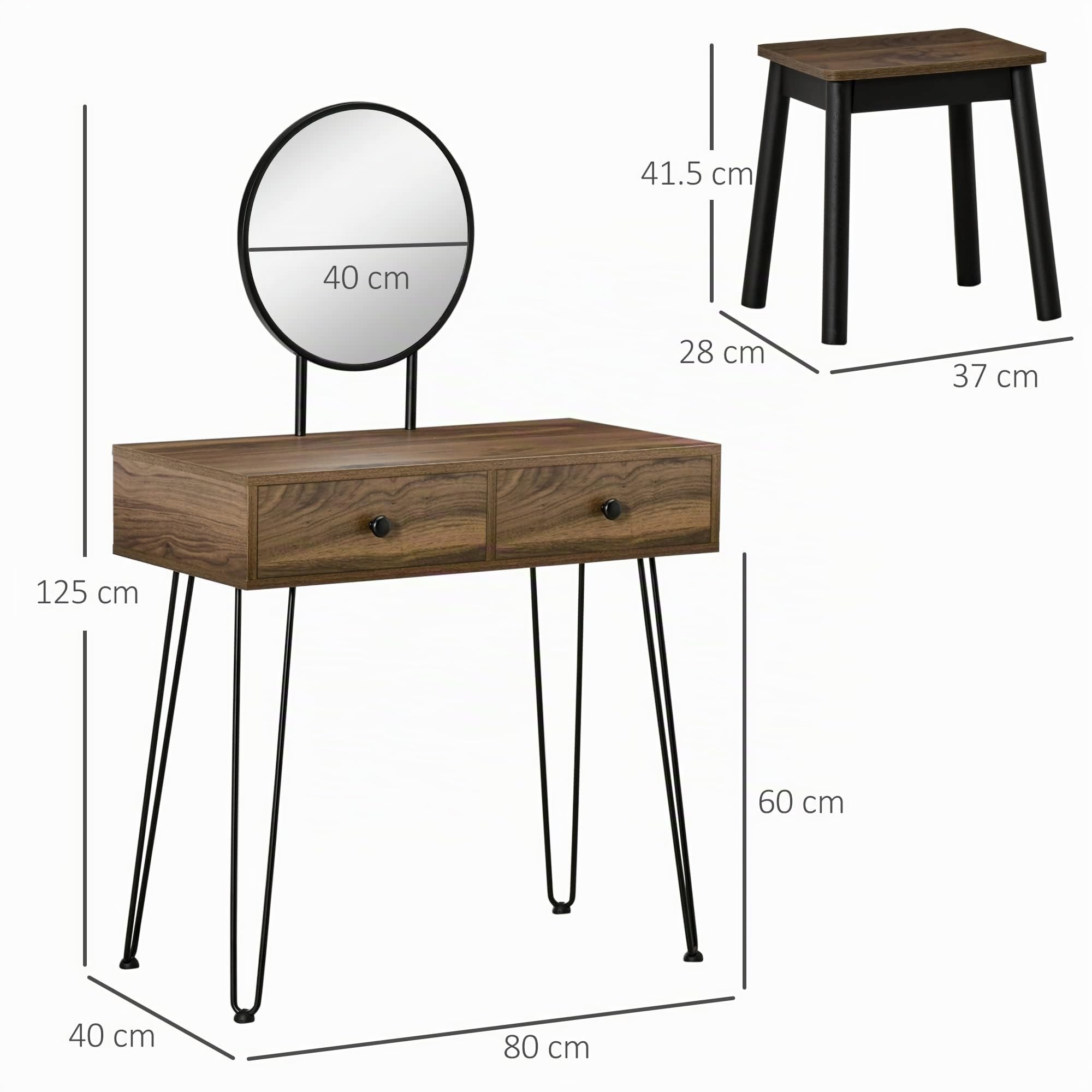 HOMCOM Postazione Trucco in Stile Industriale, Toeletta Trucco in Legno | Con Sgabello e Specchio, Postazione Makeup in Metallo per Camera da Letto