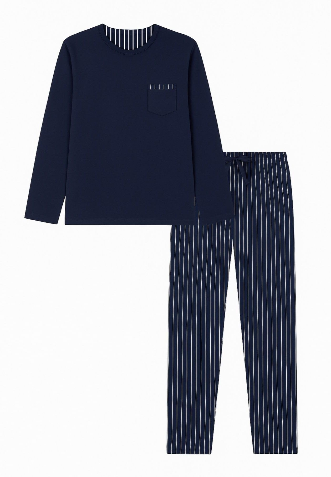 YAMAMAY - Pigiama Lungo, Uomo, Blu Notte, 100% Cotton, Maglia in Jersey di Cotone. Pantalone in Tela di Cotone Tinto Filo, Righe