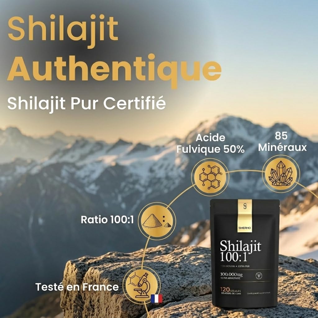 Shilajit Pure Gélules Concentré x 100 | Extrait Himalaya Purifié 100:1 | Shilajit Pur Certifié | Acide Fulvique 85 Minéraux Naturels | Testé en FRANCE| Complément Alimentaire 120 Gélules