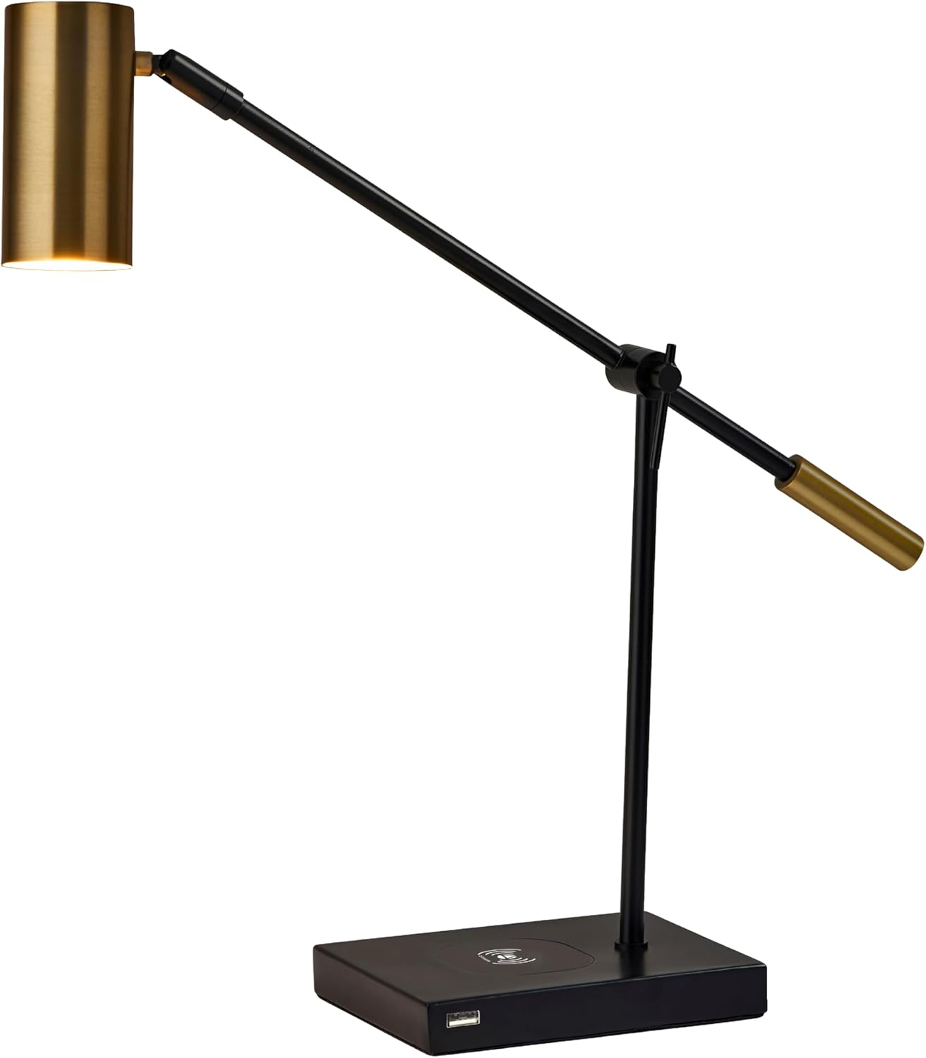 Adesso 7W LED Desk Lamp with Qi Wireless Charging for Smartphones & USB Port, Adjustable Height Black & Antique Brass Lamp for Home Office, Dorm, Bedroom, 22.25” Tall